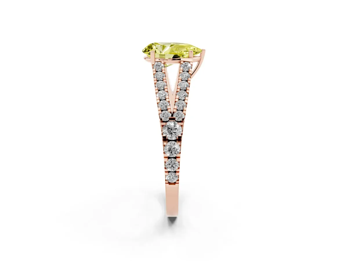 Fancy Yellow Pear Cut Diamond Split Shank Engagement Ring with Round Pavé and Prong Setting Rose gold
