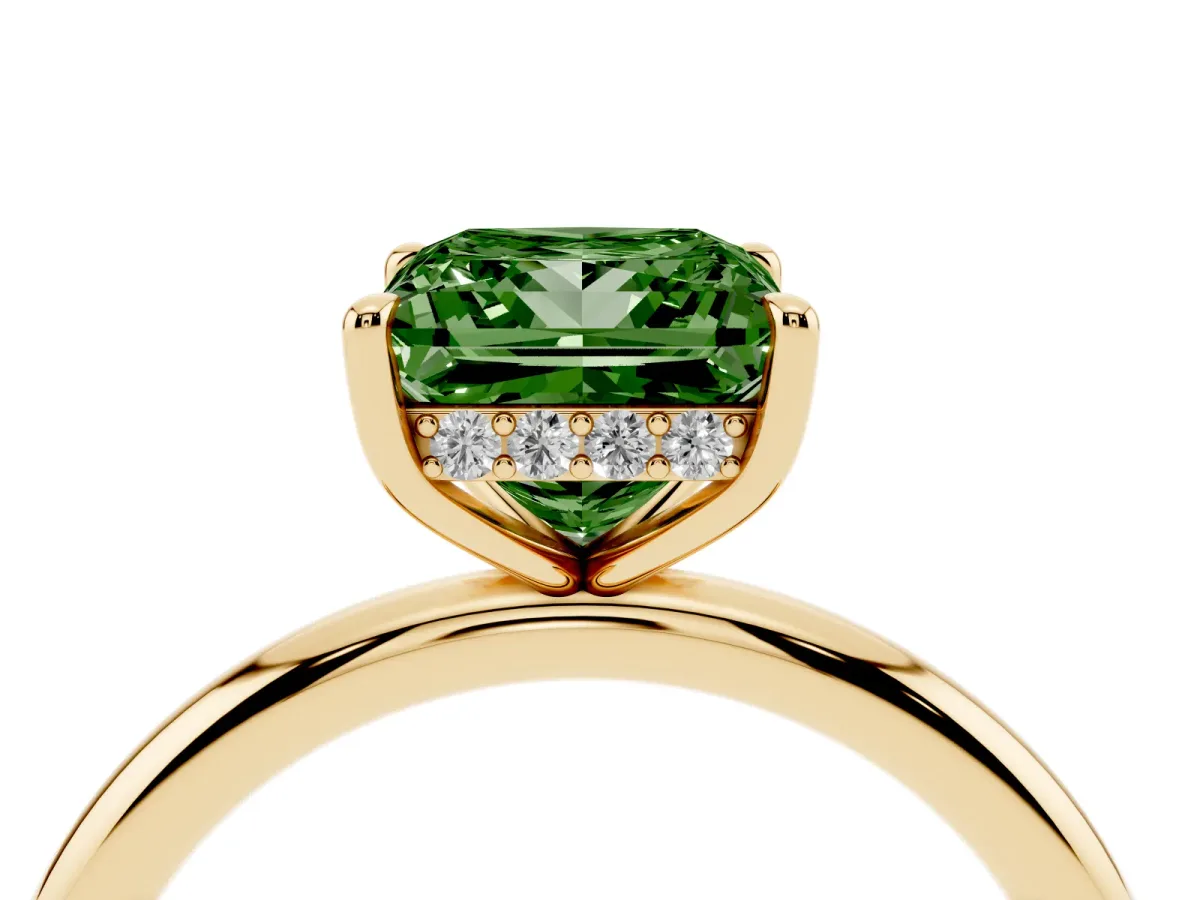 Fancy Green Princess Cut Diamond Solitaire Ring with Thin Band and Four-Prong Setting Yellow gold