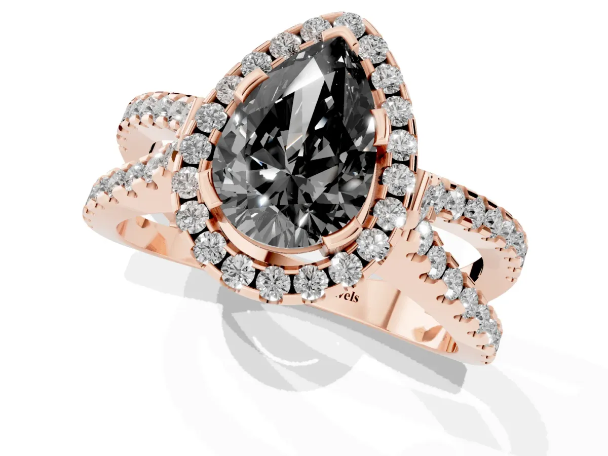 Fancy Black Pear Cut Diamond Halo Ring with Split Shank Pavé Band and Prong Setting Rose gold