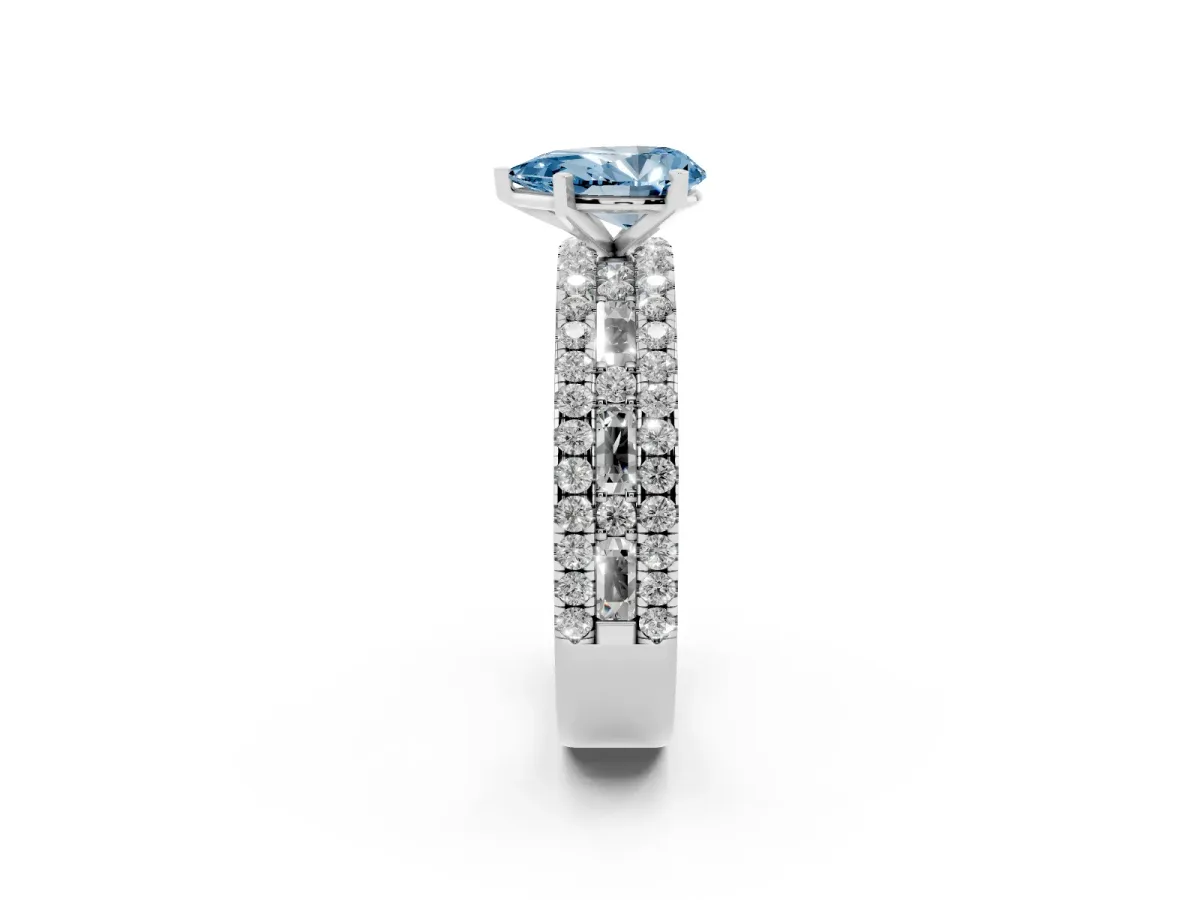 Fancy Blue Pear Cut Diamond Solitaire Ring with Pavé and Channel Set Band Silver
