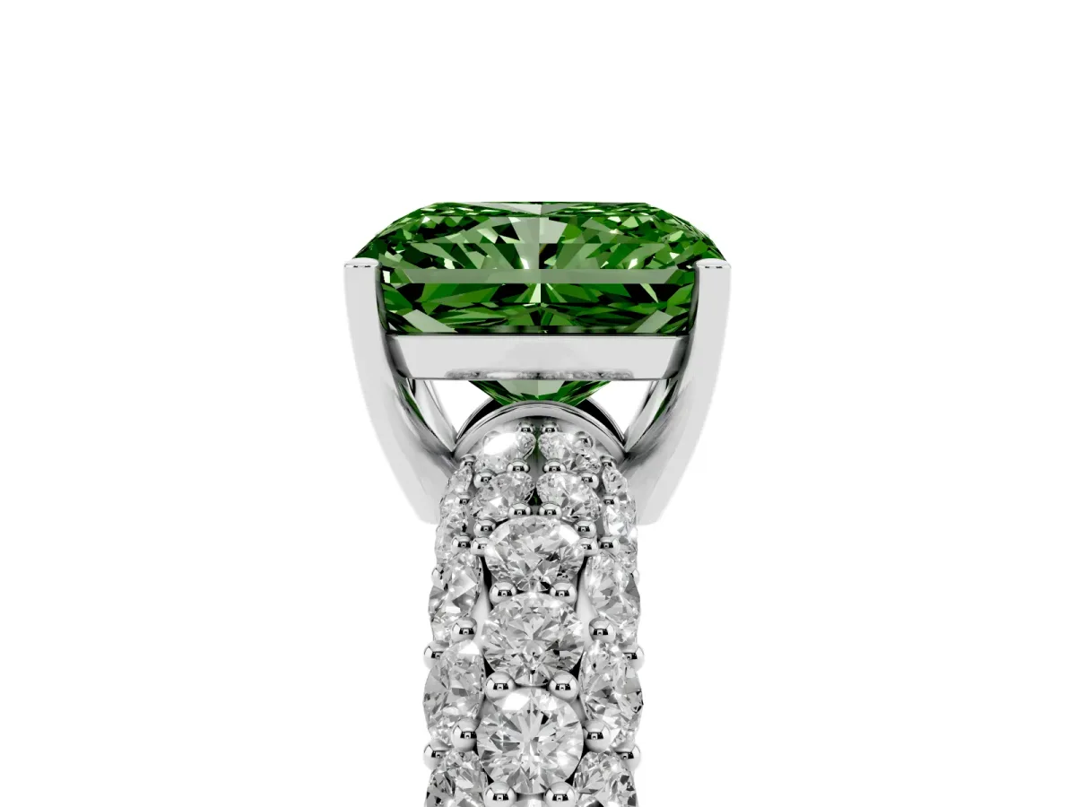 Fancy Green Radiant Cut Diamond Pavé Band Solitaire Ring with Four-Prong Setting Silver