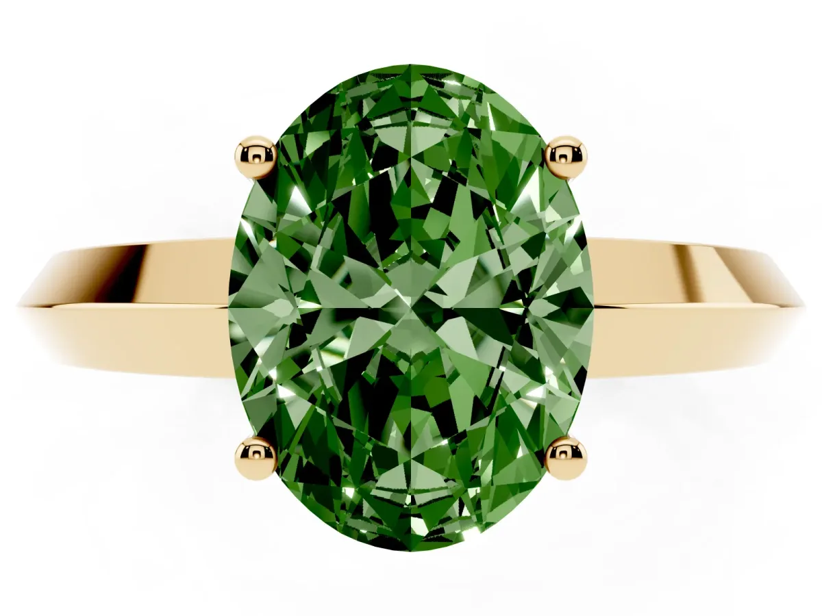 Fancy Green Oval Cut Cut Solitaire Engagement Ring with Flat Band and Four-Prong Setting Yellow gold
