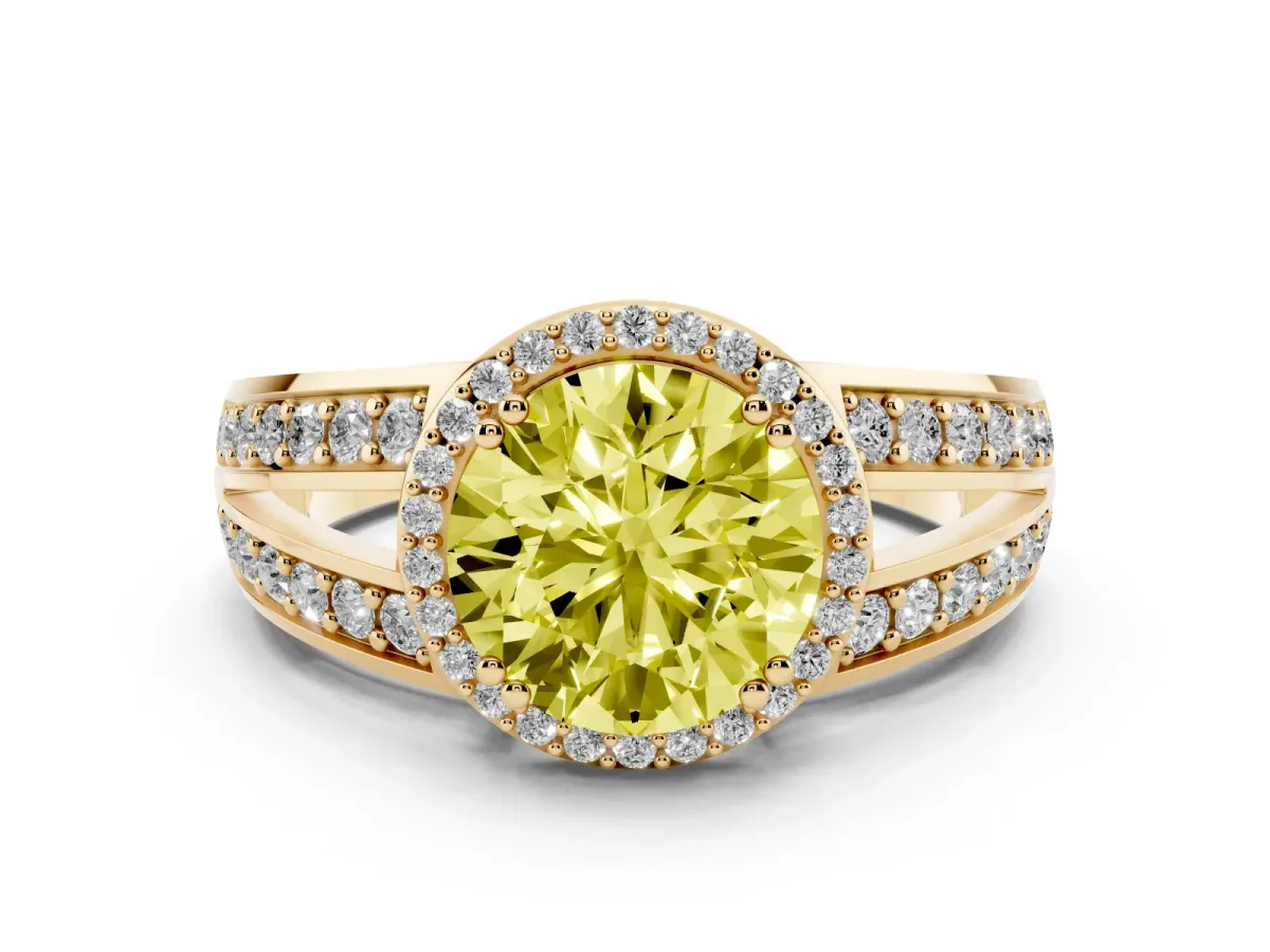 Fancy Yellow Round Cut Diamond Halo Ring with Split Shank Pavé Band and Four-Prong Setting Yellow gold