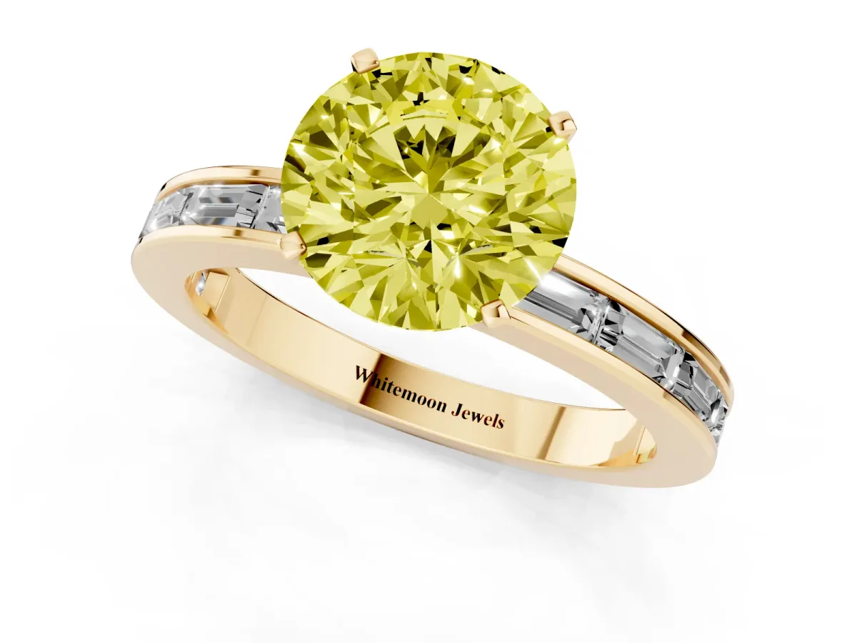 Fancy Yellow Round Cut Solitaire Diamond Ring with Channel-Set Baguette Band and Four-Prong Setting Yellow gold