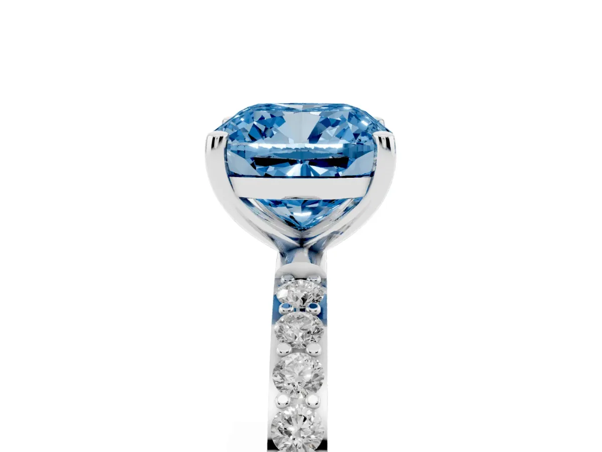 Fancy Blue Cushion Cut Diamond Solitaire Ring with Round Pavé Shoulders and Prong Setting Silver