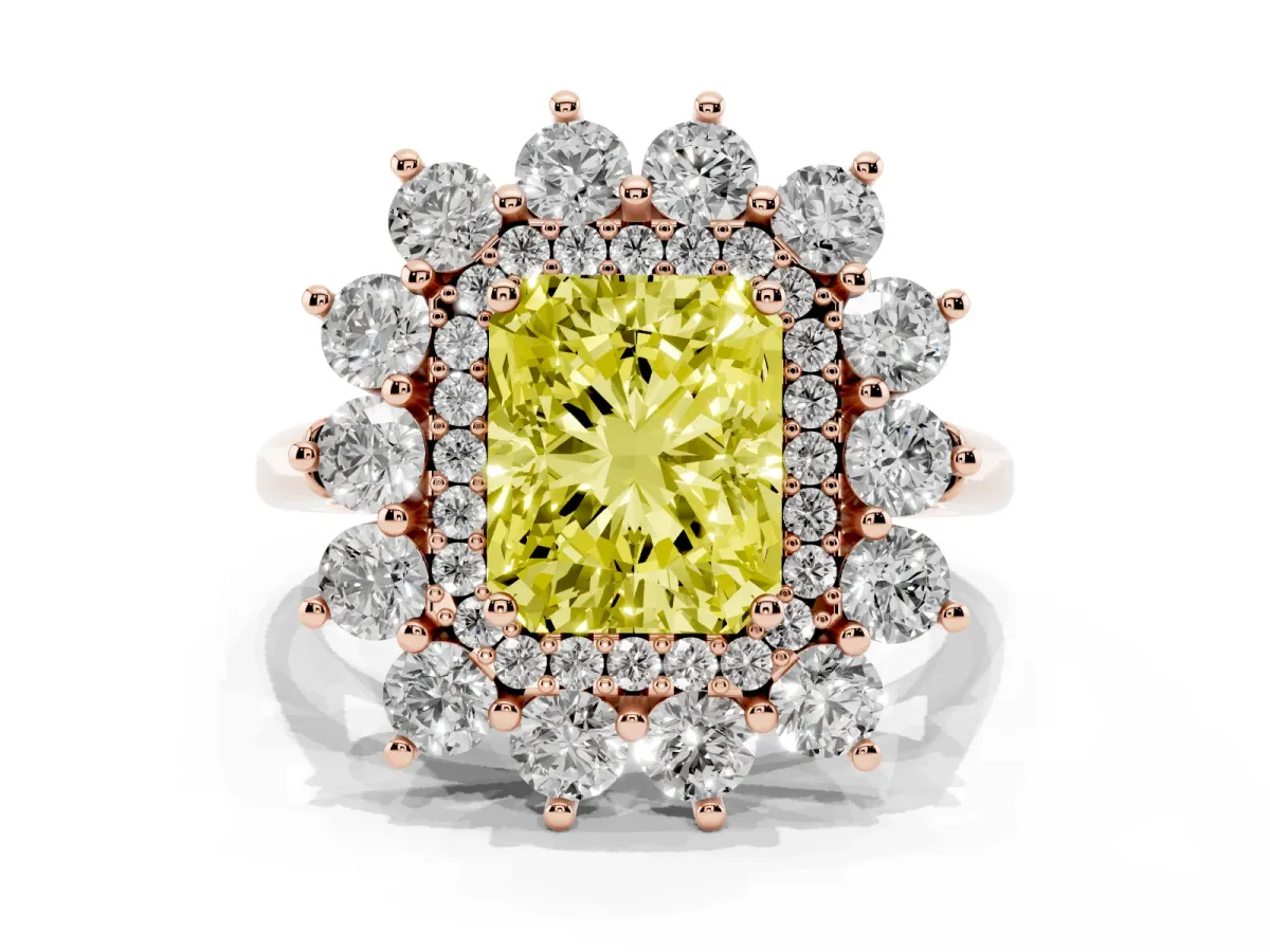Fancy Yellow Radiant Cut Diamond Floral Double Halo Engagement Ring with Prong Setting Rose gold