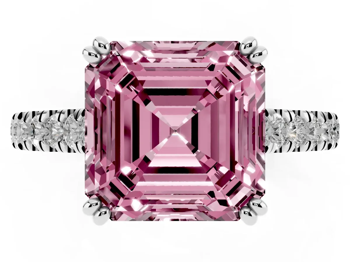 Fancy Pink Asscher Cut Solitaire Pave Diamond Engagement Ring with Prong Setting Silver