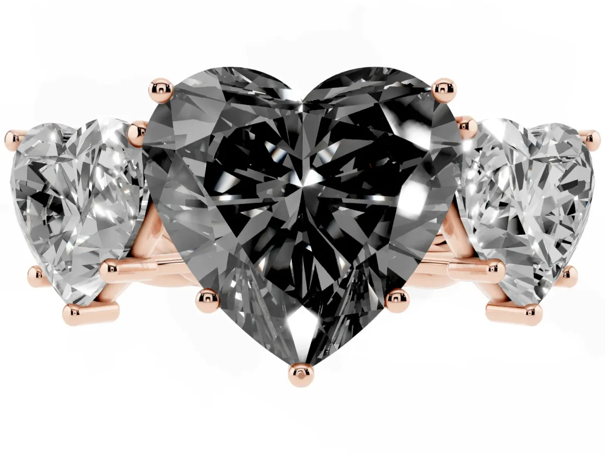 Fancy Black Three-Stone Heart Cut Diamond Braided Band Ring with Four-Prong Setting Rose gold