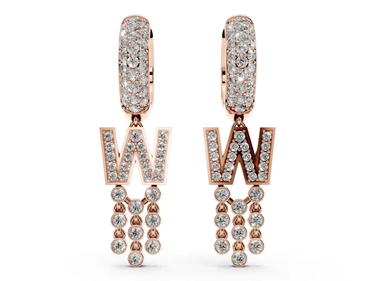 Round Diamond Initial W Huggie Hoop Earrings Rose gold