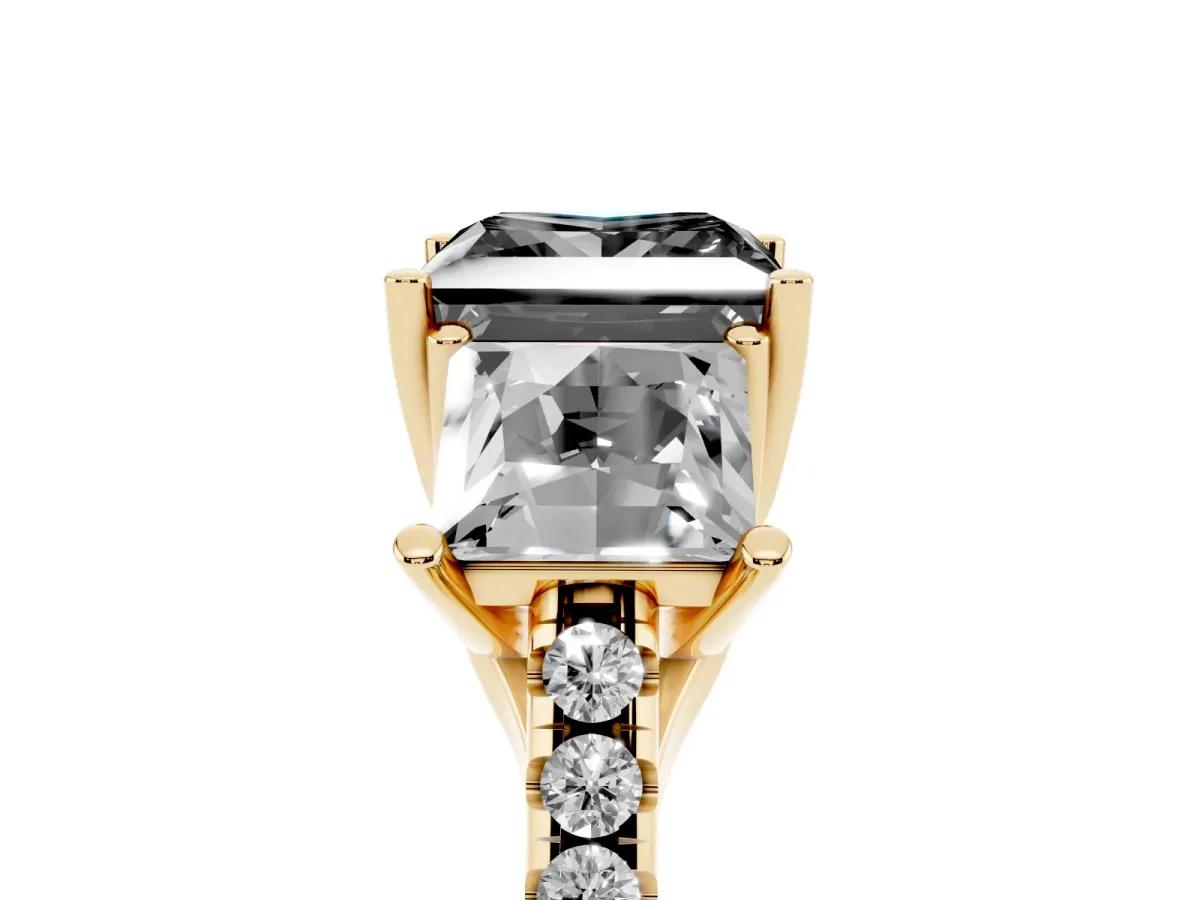 Fancy Black Three-Stone Princess Cut Diamond Ring with Round Pavé Band and Prong Setting Yellow gold