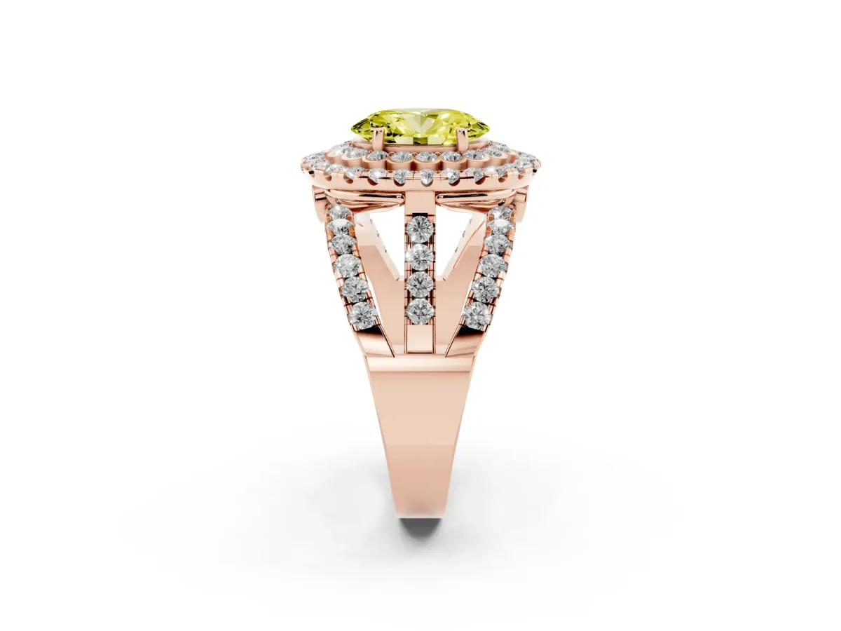 Fancy Yellow Oval Cut Diamond Double Halo Ring with Round Pavé Split Shank and Prong Setting Rose gold
