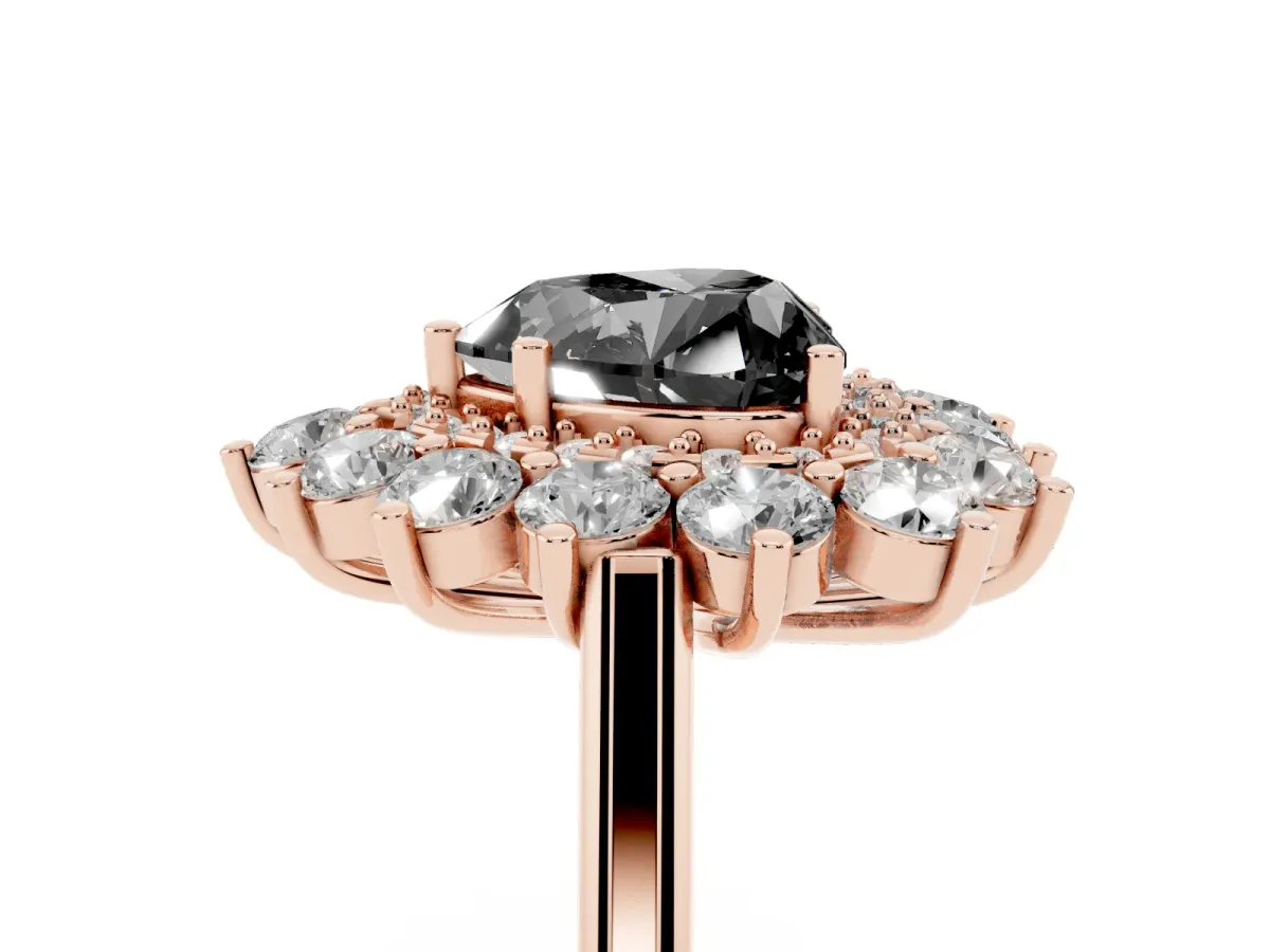 Fancy Black Heart Cut Diamond Floral Double Halo Engagement Ring with Prong Setting Rose gold