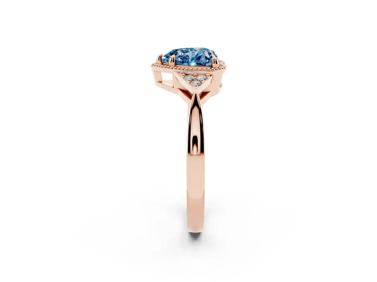 Fancy Blue Heart Cut Diamond Halo Ring with Tapered Band and Four-Prong Setting Rose gold