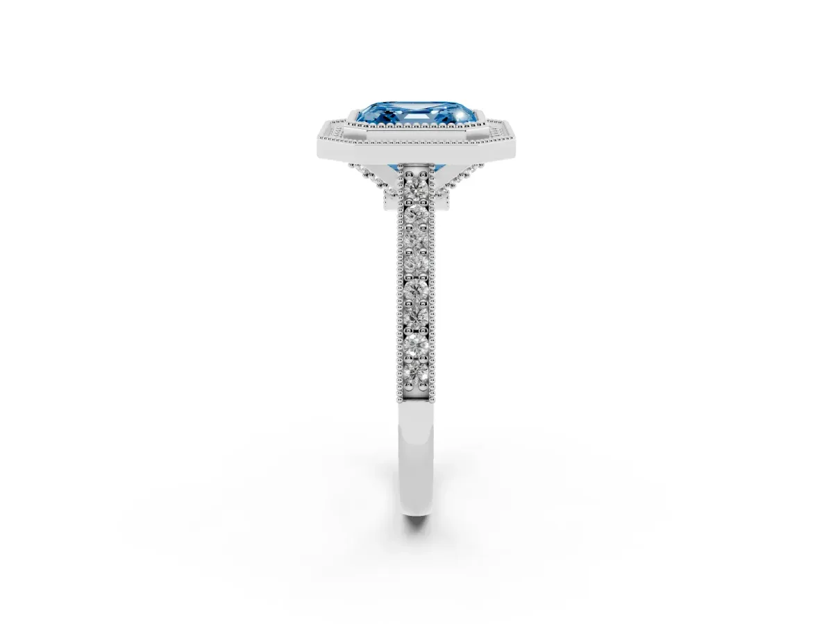 Fancy Blue Halo Asscher Cut-Cut Diamond Pave Band Milgrain Prong Setting Ring Platinum