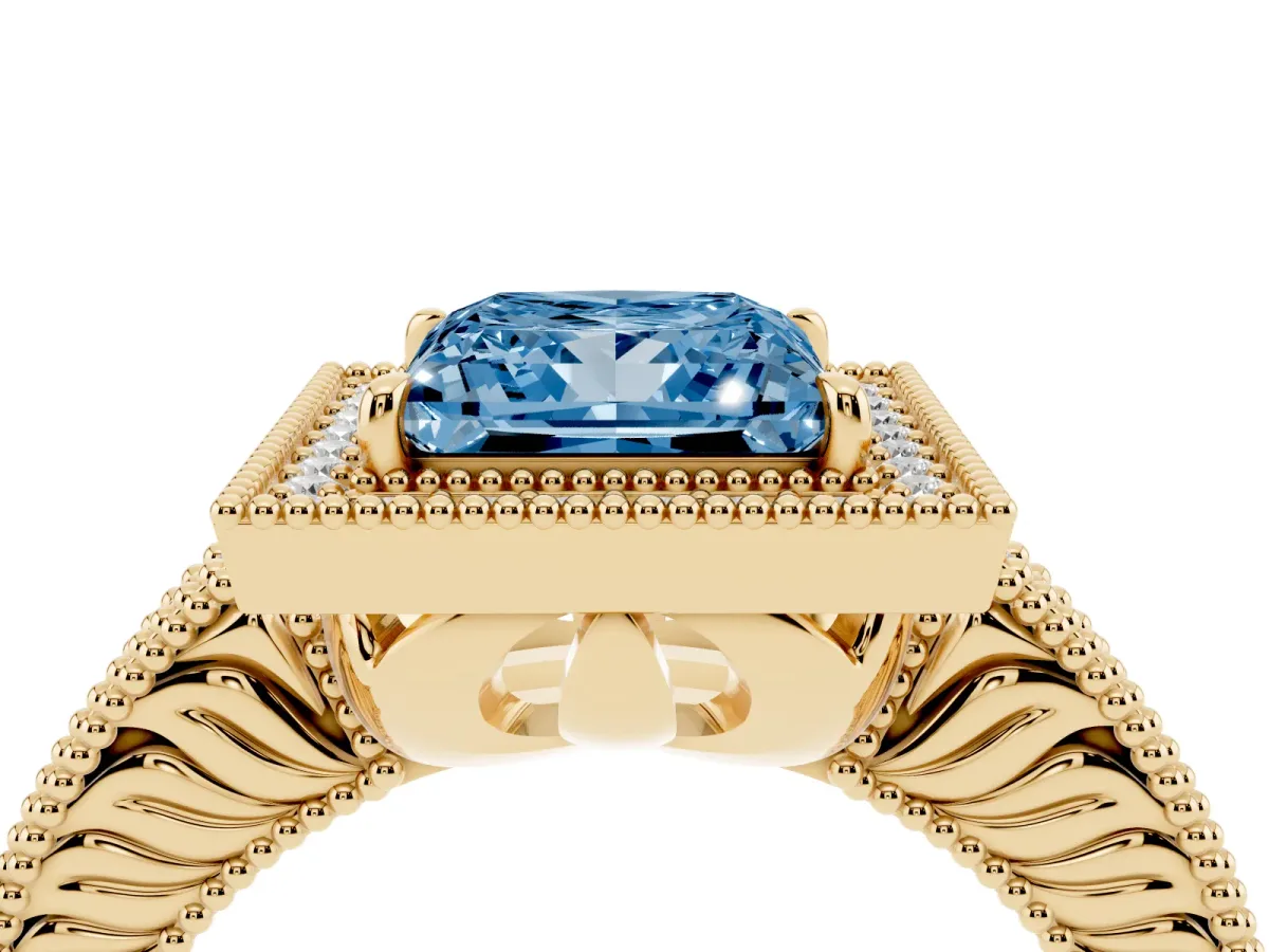 Fancy Blue Princess Cut Cut Halo Diamond Ring with Pavé Band and Four-Prong Setting Yellow gold