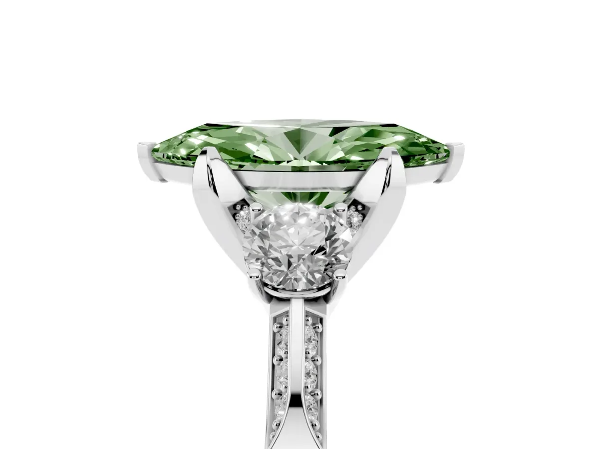 Fancy Green Marquise Cut Brilliant Three-Stone Diamond Ring with Pavé Band and Four-Prong Setting Silver