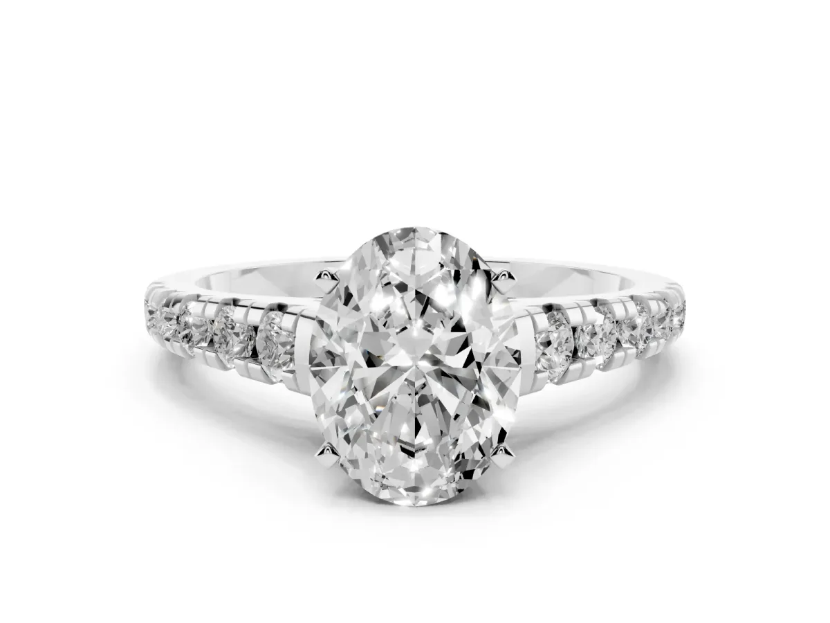 Oval Cut Diamond Cathedral Solitaire Ring with Round Pavé Band Silver