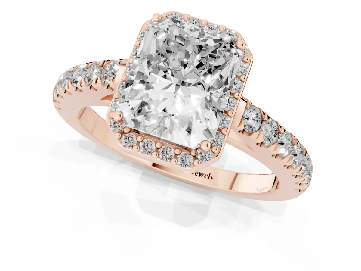 Radiant Cut Cut Halo Diamond Engagement Ring with Pave Band and Four-Prong Setting Rose gold