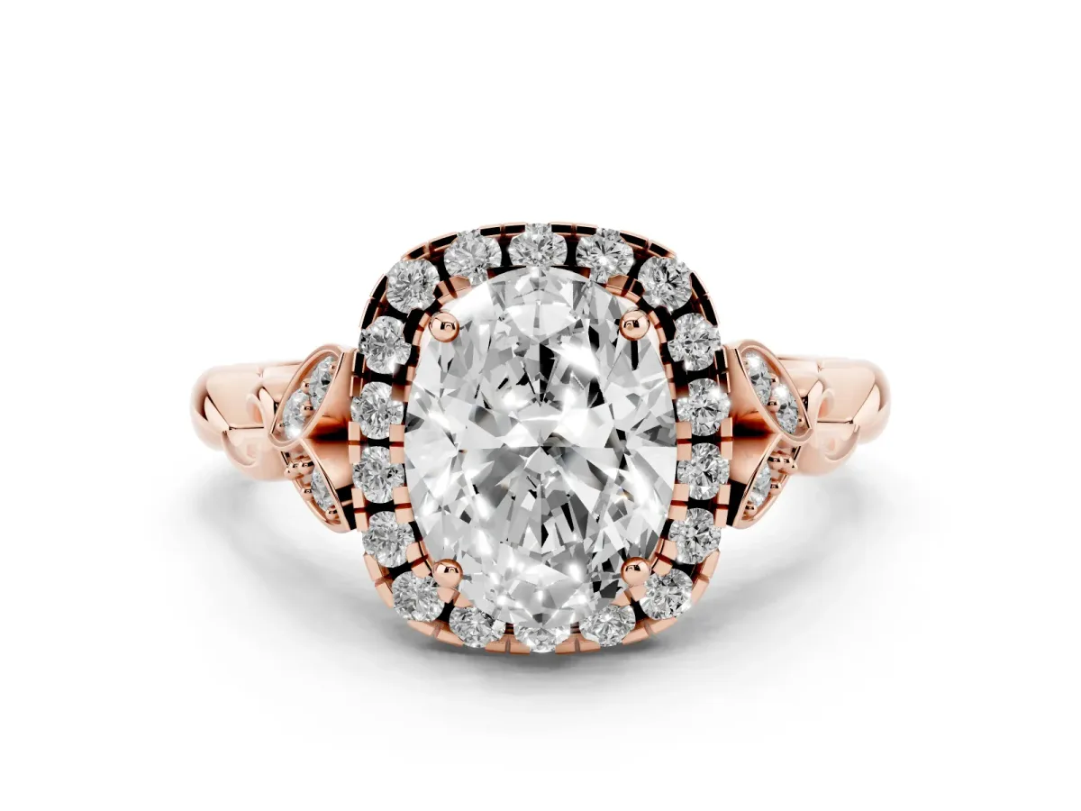 Oval Cut Halo Diamond Engagement Ring with Vintage-Inspired Band and Four-Prong Setting Rose gold