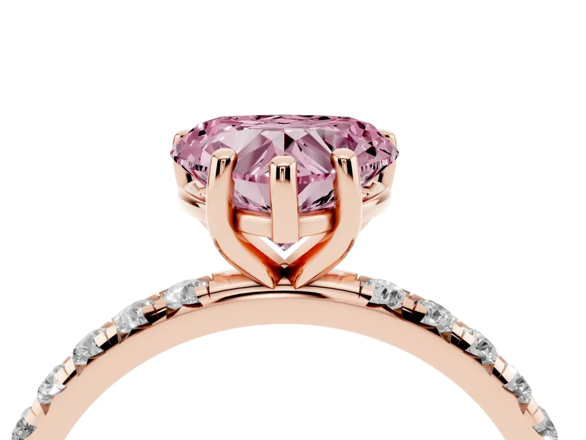 Fancy Pink Heart Cut Cut Diamond Solitaire Ring with Micro Pave Band and Four Prong Setting Rose gold