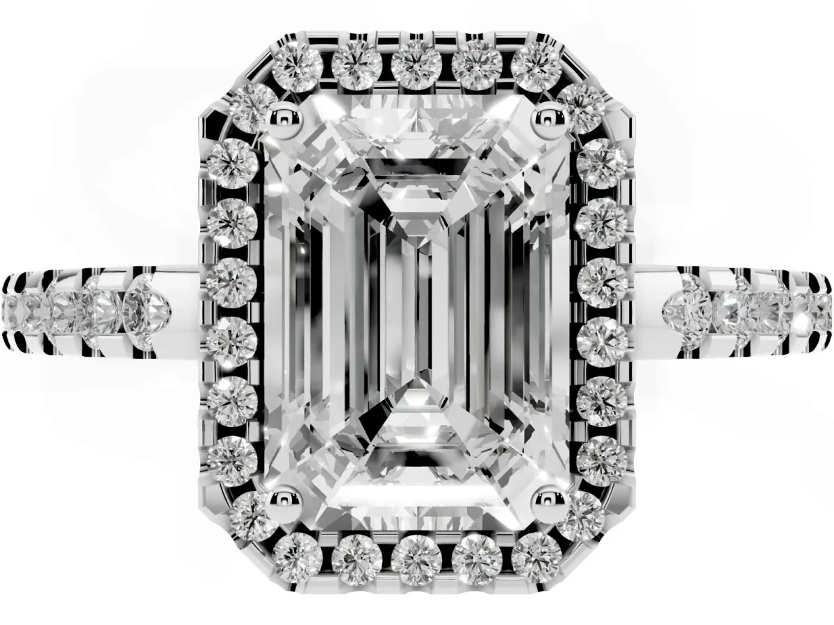 Emerald Cut Diamond Halo Engagement Ring with Pavé Band and Prong Setting Silver
