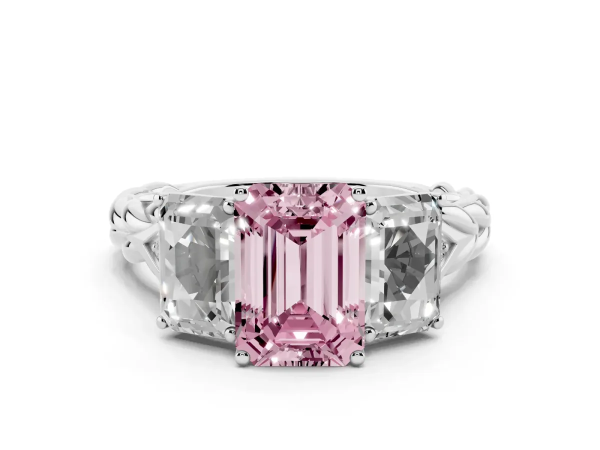 Fancy Pink Three-Stone Emerald Cut Diamond Braided Band Ring with Four-Prong Setting Platinum