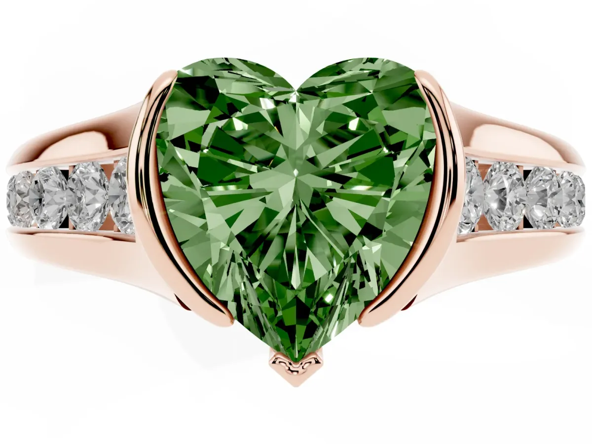 Fancy Green Heart Cut Solitaire Bezel-Set Diamond Ring with Channel-Set Band Rose gold