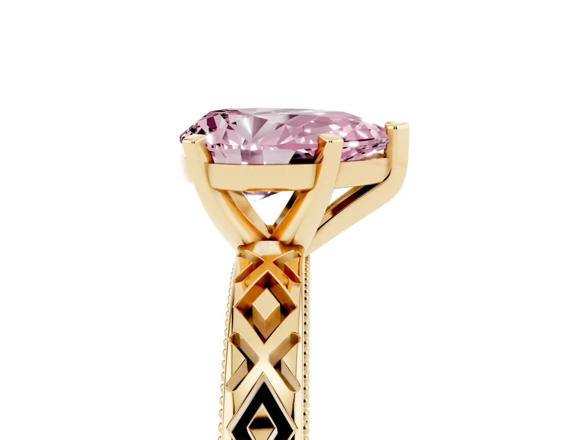 Fancy Pink Pear Cut Solitaire Diamond Ring with Milgrain and Black Enamel X Pattern Band Yellow gold