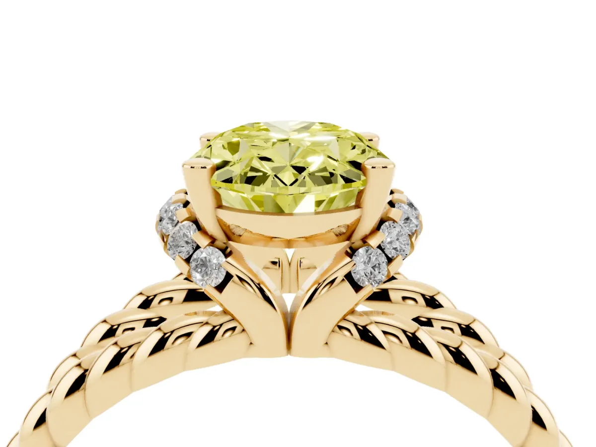 Fancy Yellow Oval Cut Halo Twisted Band Four-Prong Ring Yellow gold