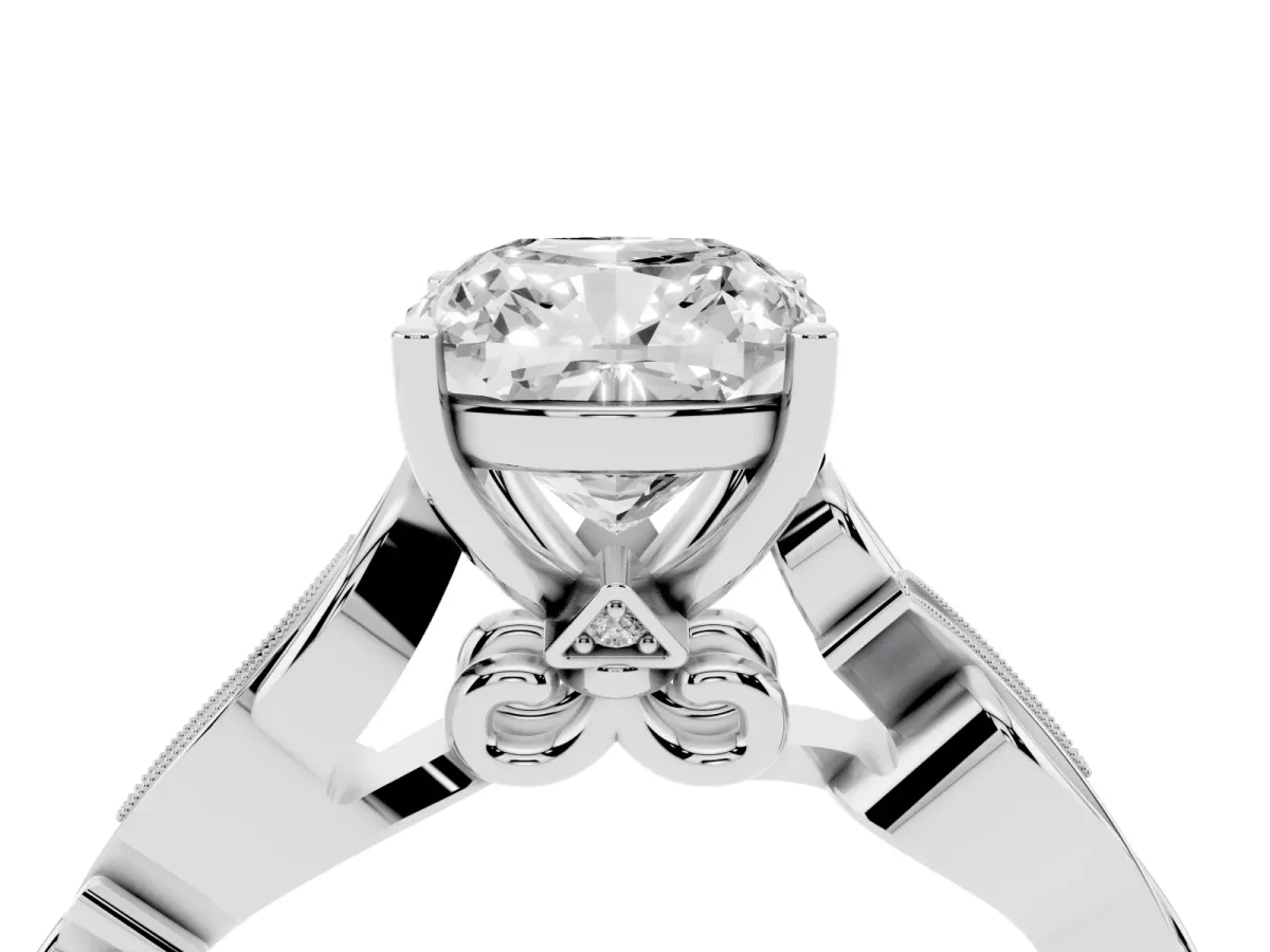 Cushion Cut Solitaire Vine Band with Milgrain Prong Setting Silver