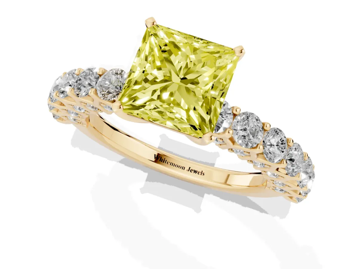 Fancy Yellow Princess Cut Diamond Solitaire Ring with Shared Prong Pavé Band and Four-Prong Setting Yellow gold