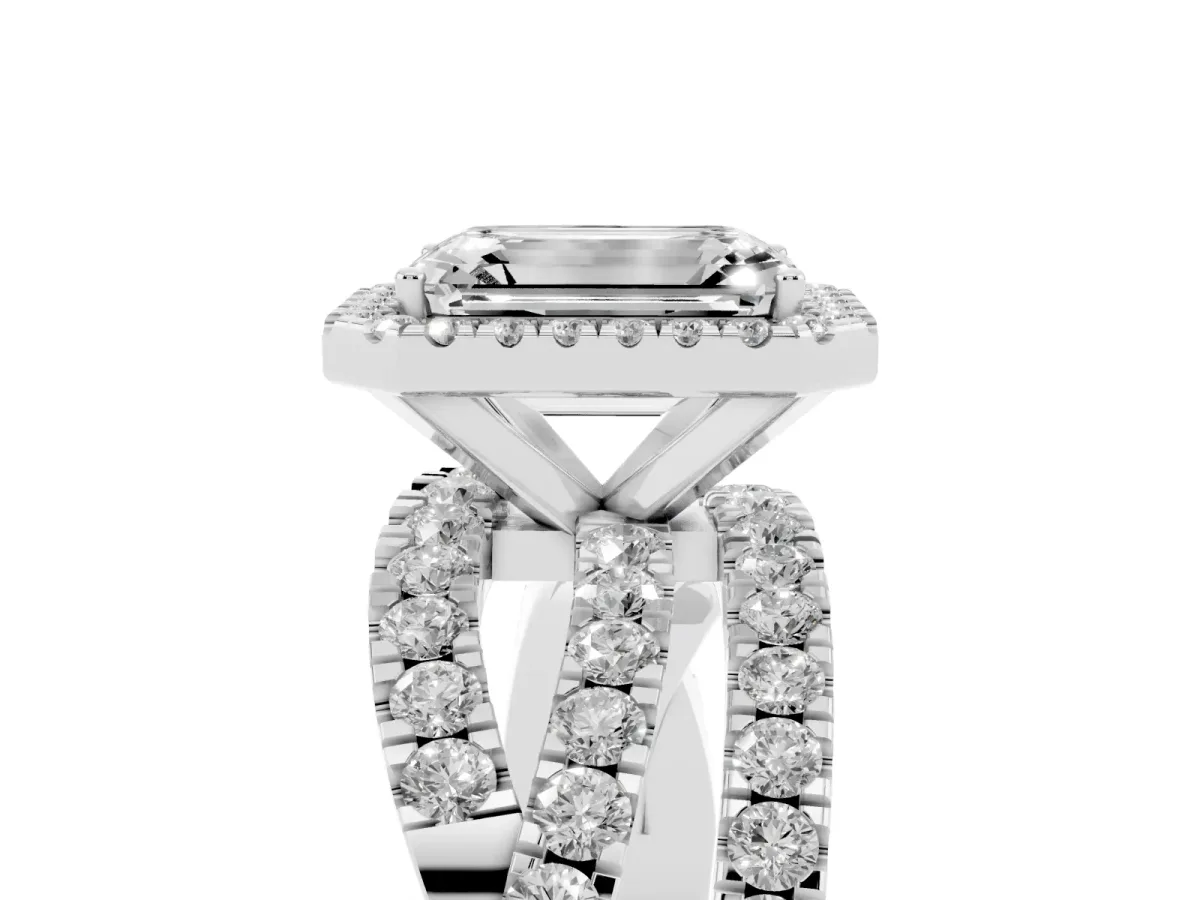Emerald Cut Diamond Halo Ring with Round Split Shank and Prong Setting Silver