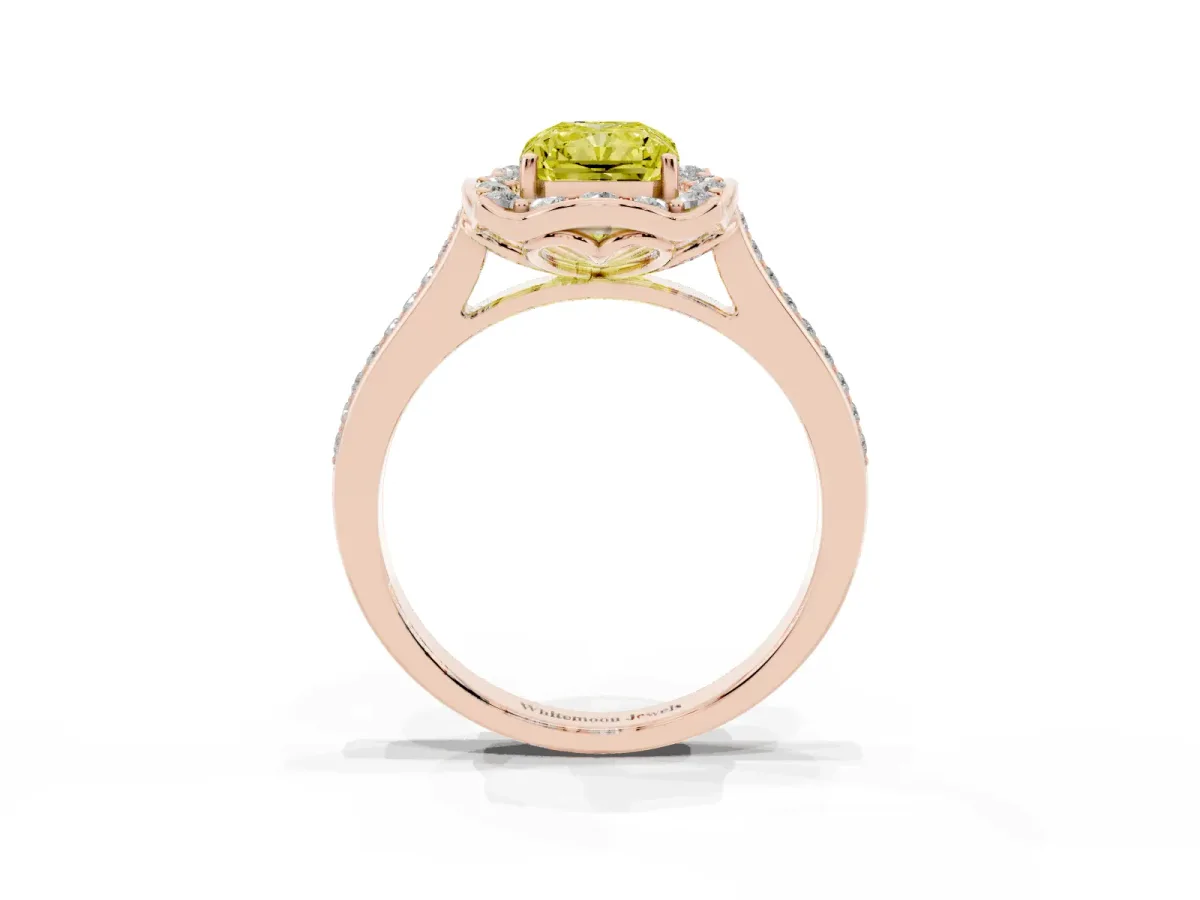 Fancy Yellow Radiant Cut Halo Round Diamond Pave Band with Four-Prong Setting Rose gold