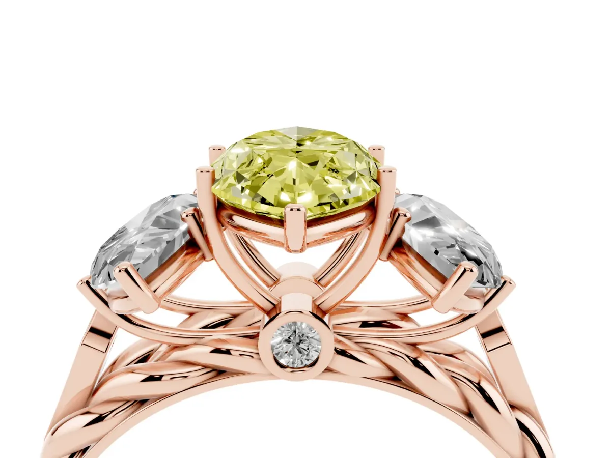 Fancy Yellow Three-Stone Marquise Cut Diamond Braided Band Ring with Four-Prong Setting Rose gold