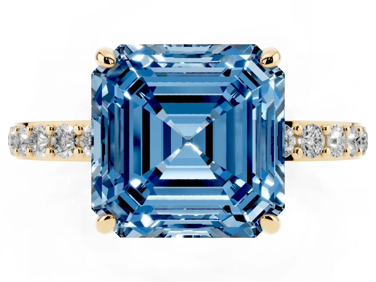 Fancy Blue Asscher Cut Diamond Solitaire Engagement Ring with Pavé Band and Four-Prong Setting Yellow gold