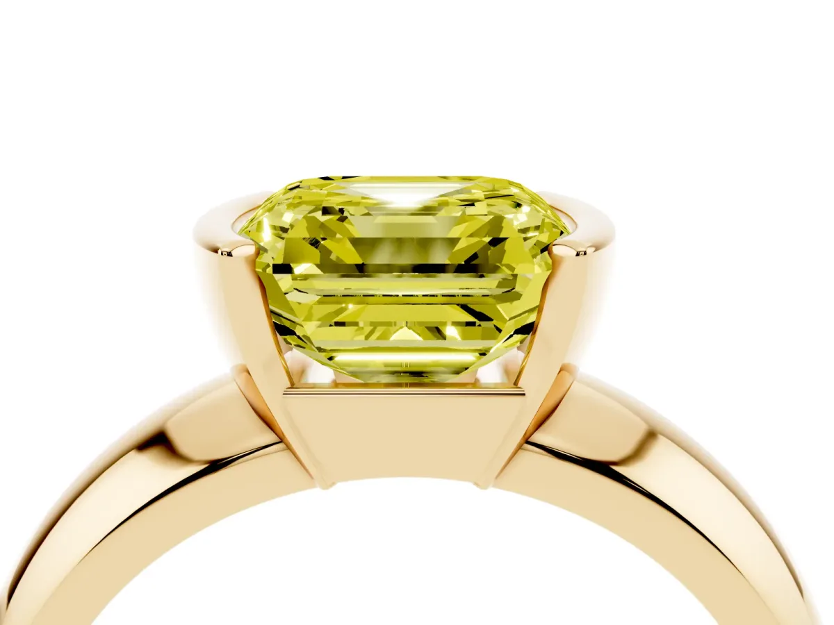 Fancy Yellow Asscher Cut Solitaire Tension Set Diamond Ring with Wide Band Yellow gold