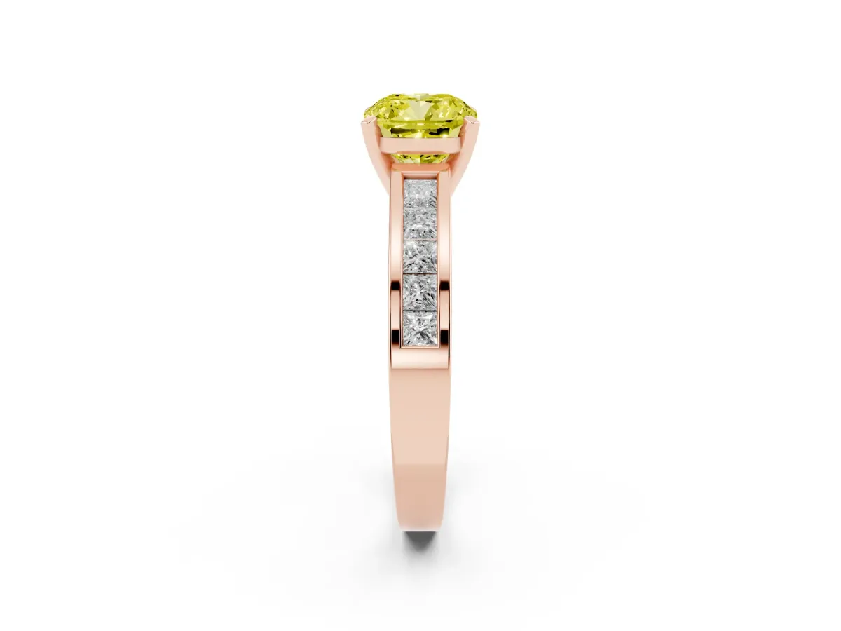 Fancy Yellow Cushion Cut Solitaire Diamond Ring with Channel-Set Band and Four-Prong Setting Rose gold