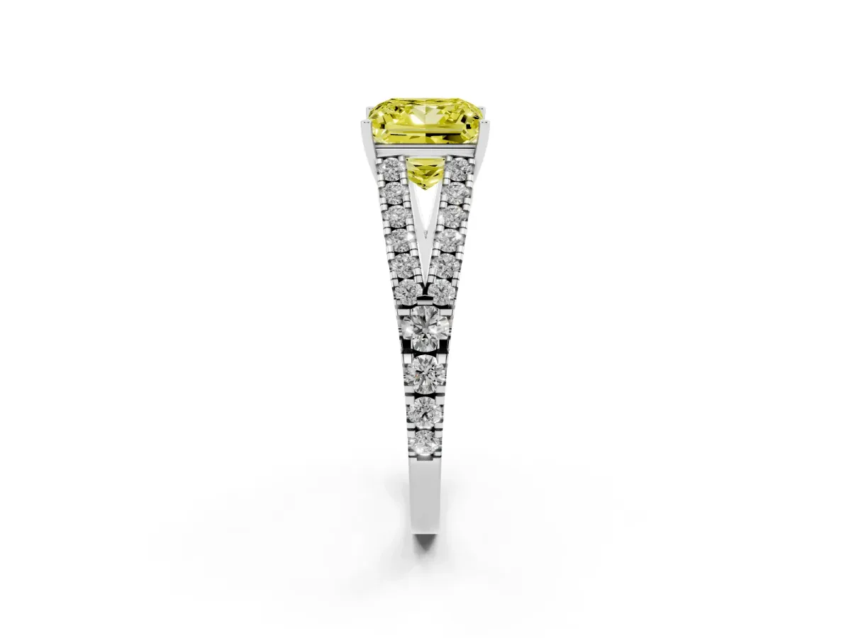 Fancy Yellow Princess Cut Diamond Split Shank Engagement Ring with Round Pavé and Prong Setting Silver