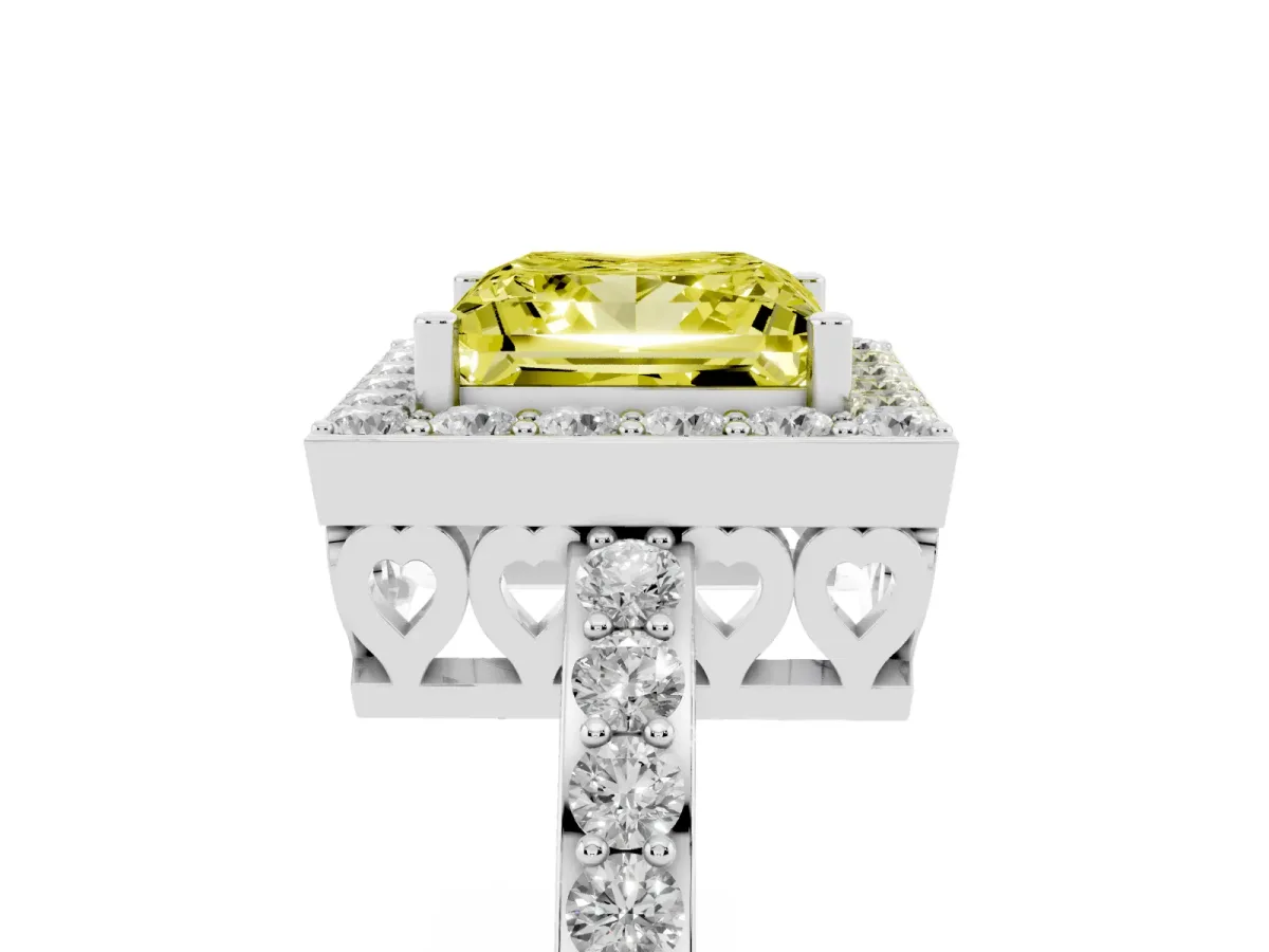 Fancy Yellow Princess Cut Halo Diamond Pavé Band Ring with Prong Setting Silver