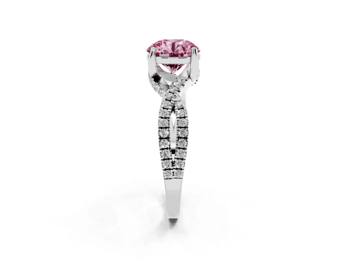 Fancy Pink Round Cut Solitaire Twist Pave Diamond Engagement Ring with Prong Setting Silver