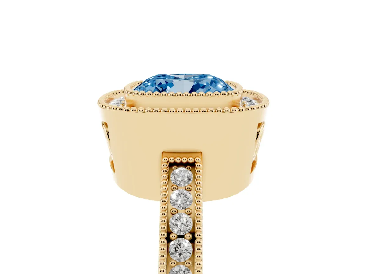 Fancy Blue Cushion Cut Cut Halo Diamond Ring with Pavé Band and Milgrain Prong Setting Yellow gold