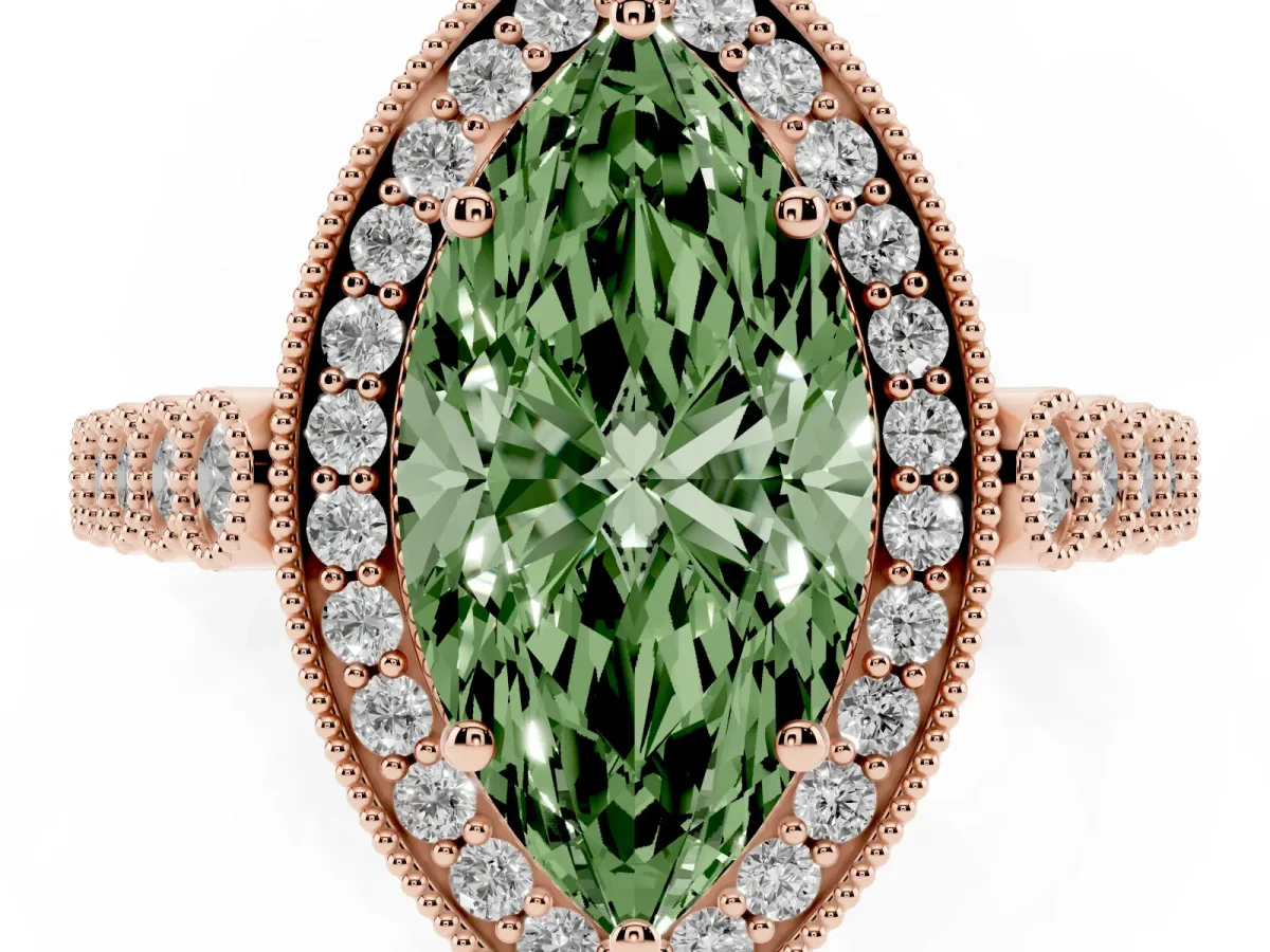 Fancy Green Marquise Cut Halo Milgrain Solitaire with Bezel Set Side Stones and Pave Band Rose gold