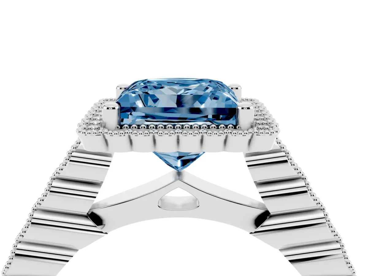 Fancy Blue Princess Cut Cut Halo Pavé Solitaire Ring with Milgrain Band White gold