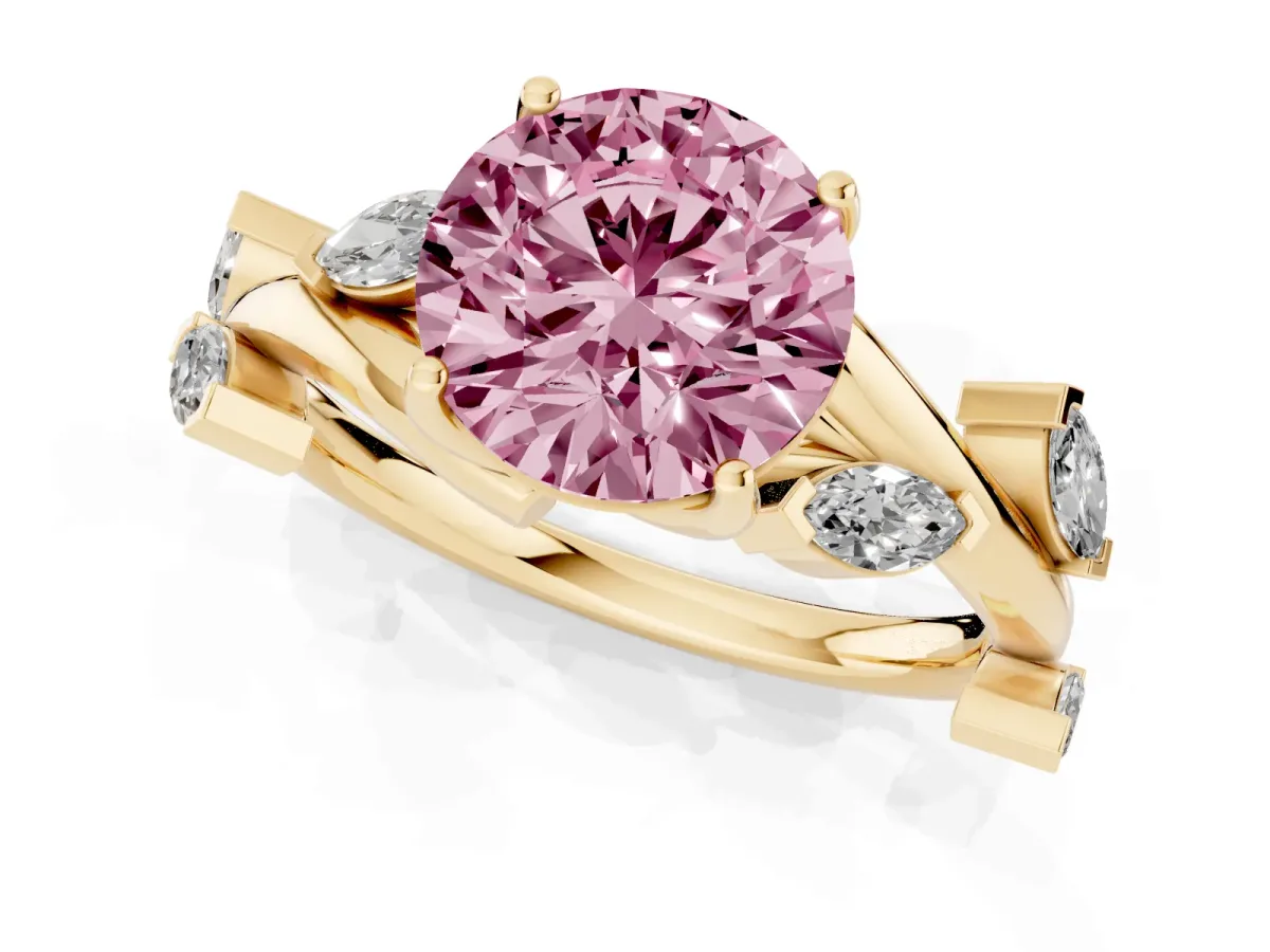 Fancy Pink Round Cut Solitaire Twisted Band Marquise Accent Prong Setting Ring Yellow gold