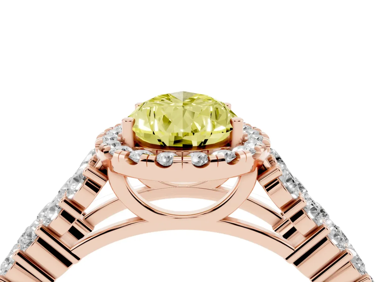 Fancy Yellow Pear Cut Diamond Halo Engagement Ring with Triple Row Round Pavé Band and Prong Setting Rose gold