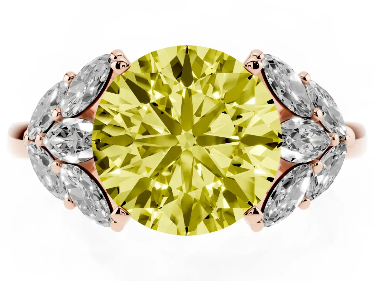 Fancy Yellow Round Cut Diamond Cluster Leaf Design Ring with Prong Setting Rose gold