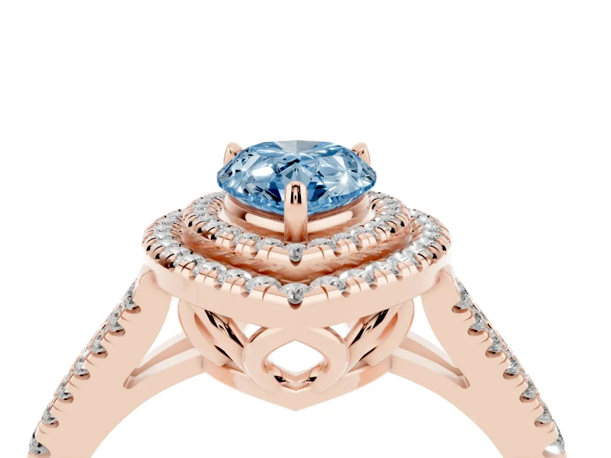 Fancy Blue Pear Cut Diamond Double Halo Ring with Pavé Band and Prong Setting Rose gold