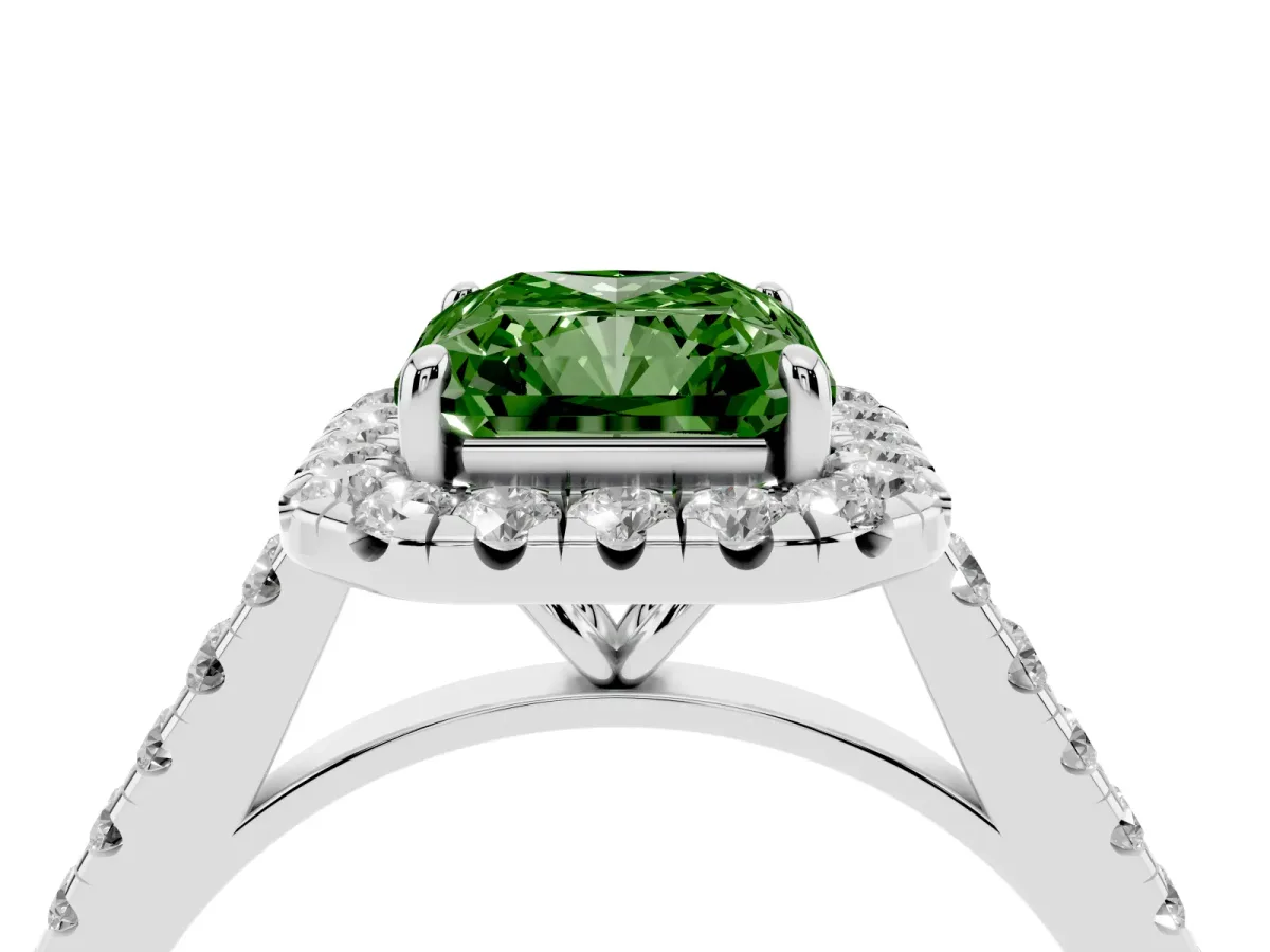 Fancy Green Radiant Cut Halo Pave Diamond Engagement Ring with Four-Prong Setting Silver