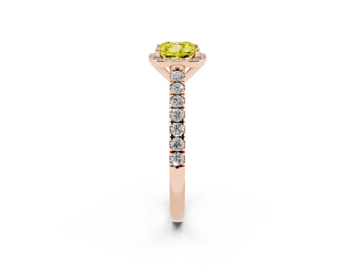 Fancy Yellow Cushion Cut Cut Halo Diamond Engagement Ring with Pave Band and Four-Prong Setting Rose gold