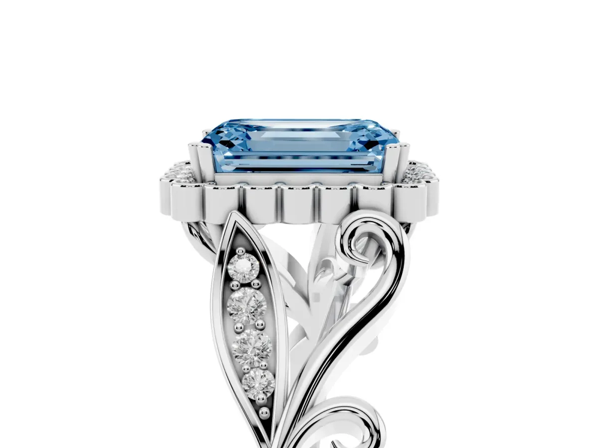 Fancy Blue Emerald Cut Diamond Halo Ring with Vintage Split Shank and Four-Prong Setting Silver